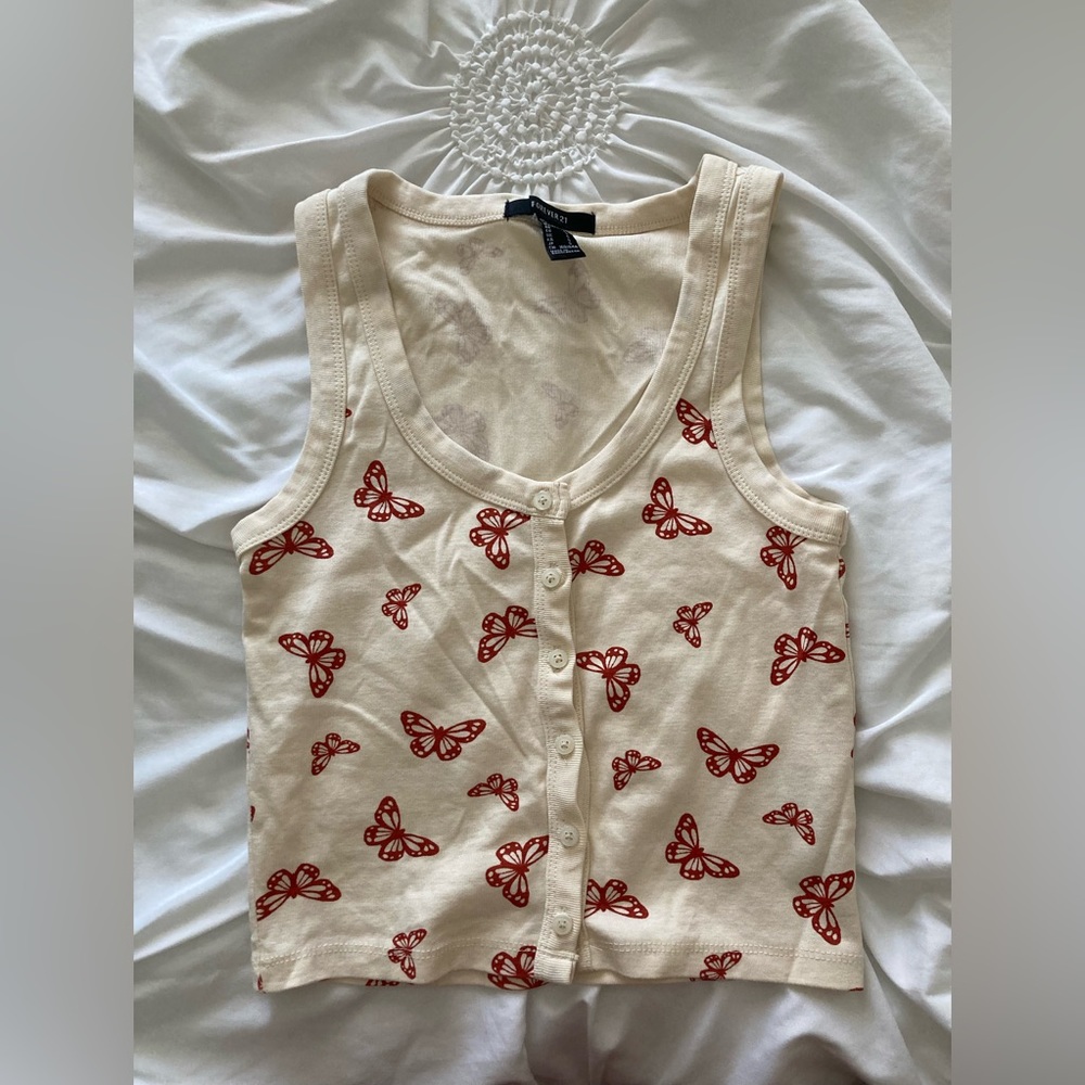 Forever 21 Button Down Red Butterfly Tank, New, Size S